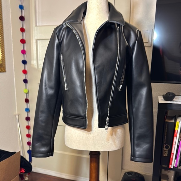 Black Vegan Leather moto Jacket with silver hardware - Picture 3 of 9